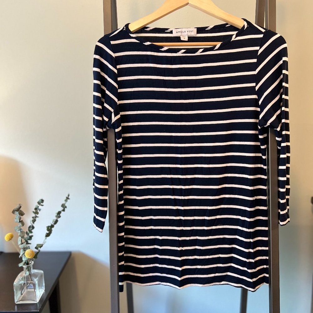 Amour Vert Francoise 3/4 Sleeve Dream Knit Tee - Navy/White stripe